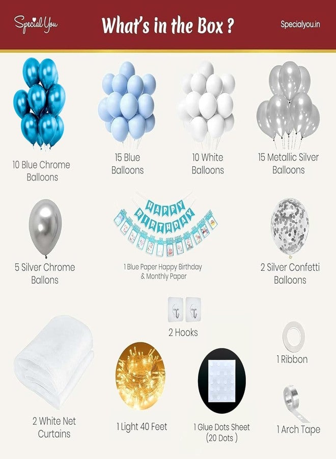 SpecialYou.in Special You 1st Birthday Decoration for Baby Boy with Blue and White Balloons for Decoration, Back Drop Curtain for Decor, Birthday Decoration kit- 67 Pcs - Image 3